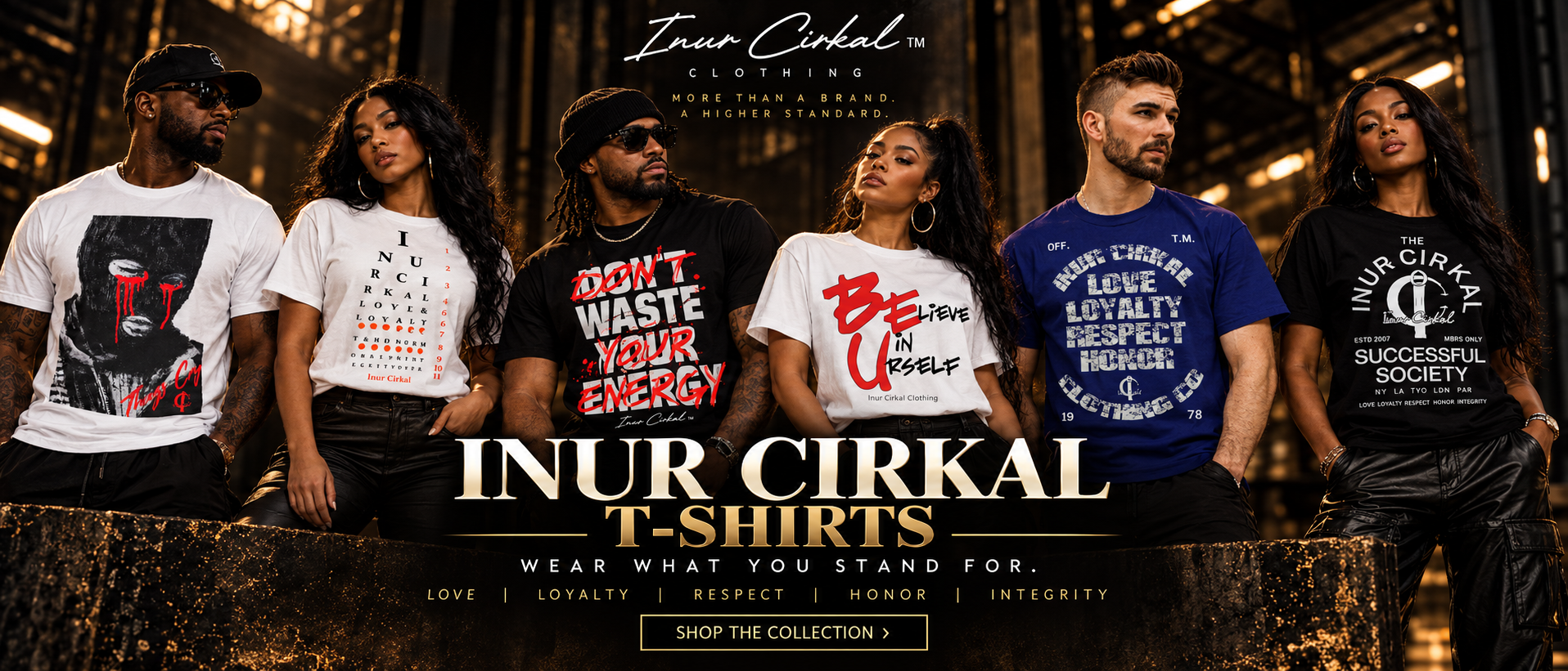 INUR CIRKAL Signature Tees & Statements campaign showcasing six graphic T-shirt designs in a black-and-gold luxury streetwear setting